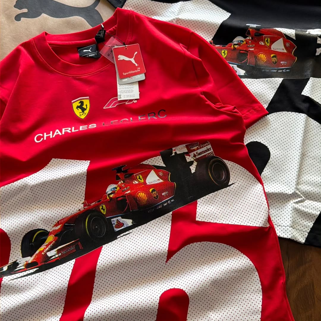PUMA Scuderia Ferrari Charles Leclerc driver T-shirts available in various colors like red, white, yellow, black, and orange (pack of 3)