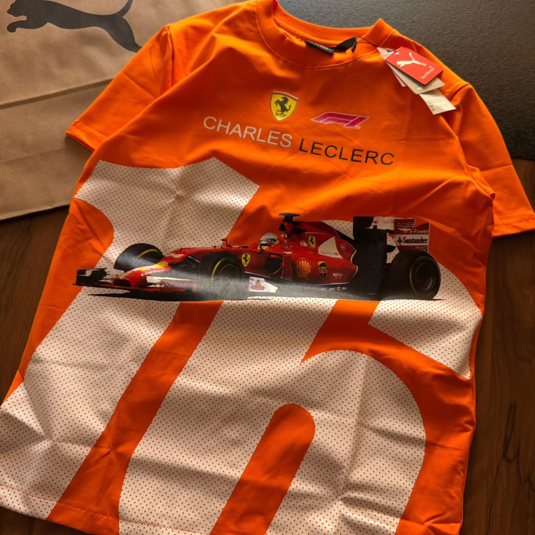 PUMA Scuderia Ferrari Charles Leclerc driver T-shirts available in various colors like red, white, yellow, black, and orange (pack of 3)