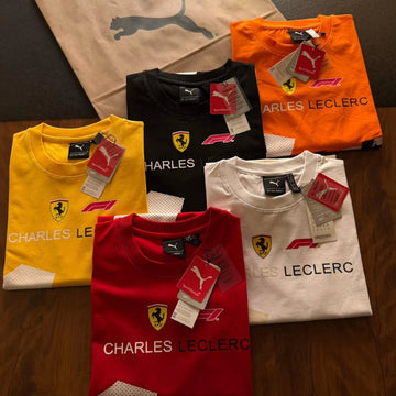 PUMA Scuderia Ferrari Charles Leclerc driver T-shirts available in various colors like red, white, yellow, black, and orange (pack of 3)