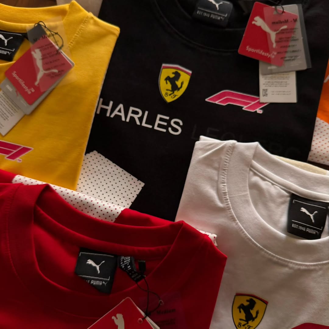 PUMA Scuderia Ferrari Charles Leclerc driver T-shirts available in various colors like red, white, yellow, black, and orange (pack of 3)