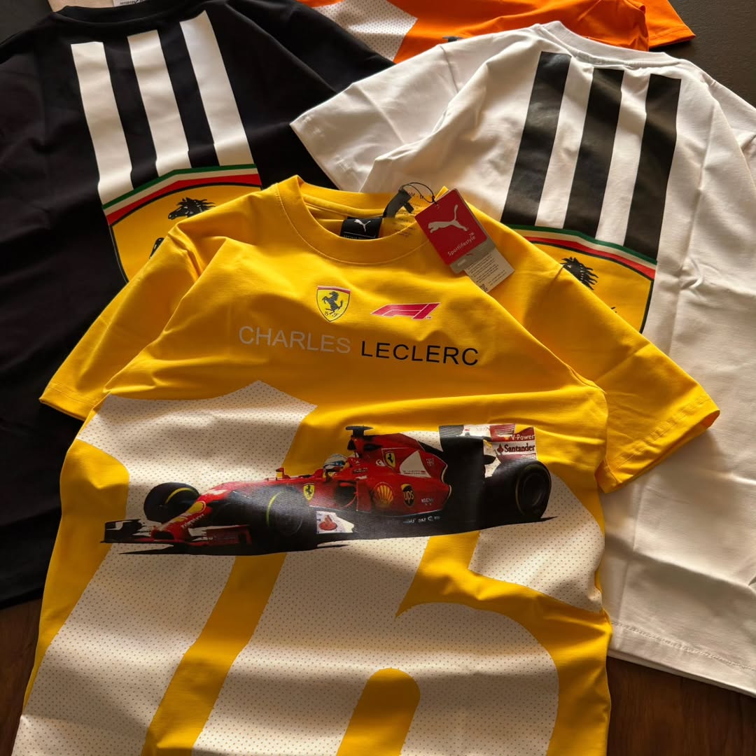 PUMA Scuderia Ferrari Charles Leclerc driver T-shirts available in various colors like red, white, yellow, black, and orange (pack of 3)