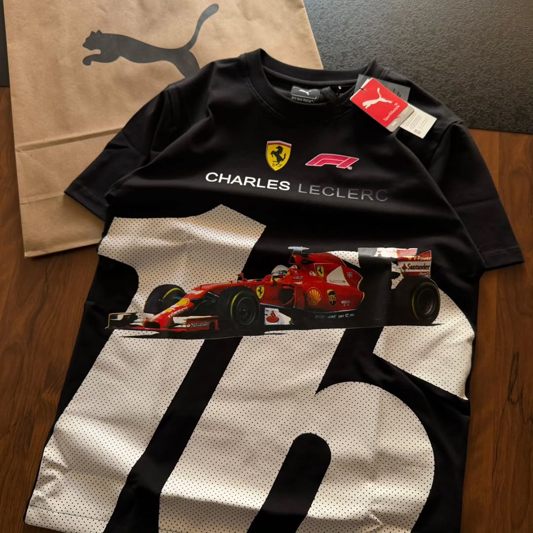 PUMA Scuderia Ferrari Charles Leclerc driver T-shirts available in various colors like red, white, yellow, black, and orange (pack of 3)
