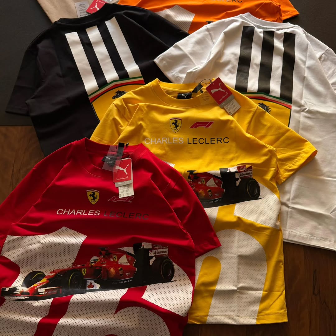 PUMA Scuderia Ferrari Charles Leclerc driver T-shirts available in various colors like red, white, yellow, black, and orange (pack of 3)