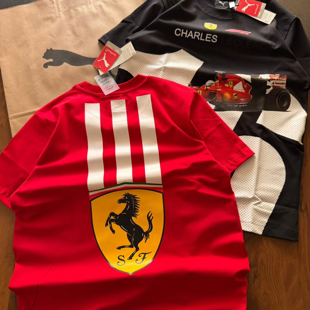 PUMA Scuderia Ferrari Charles Leclerc driver T-shirts available in various colors like red, white, yellow, black, and orange (pack of 3)