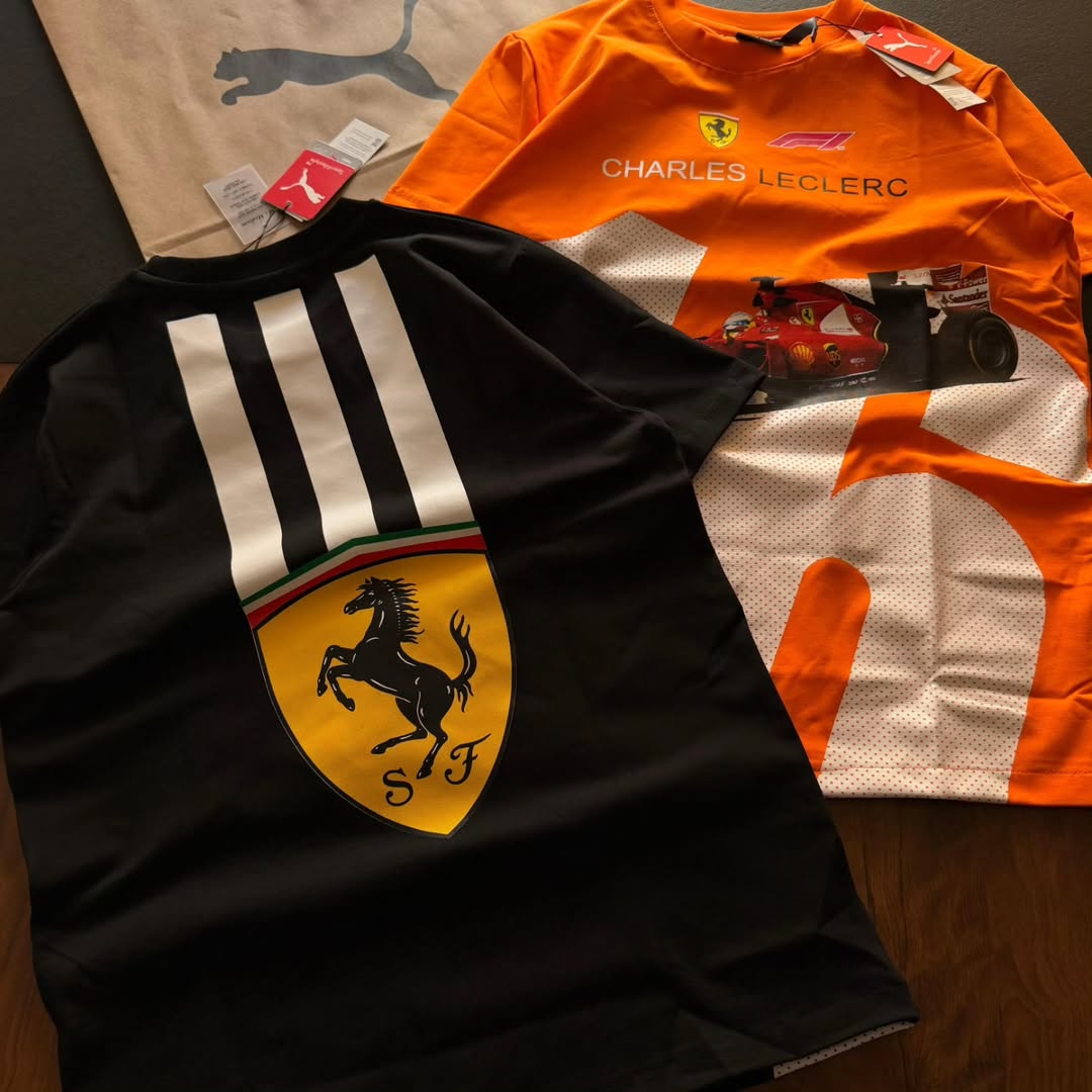 PUMA Scuderia Ferrari Charles Leclerc driver T-shirts available in various colors like red, white, yellow, black, and orange (pack of 3)