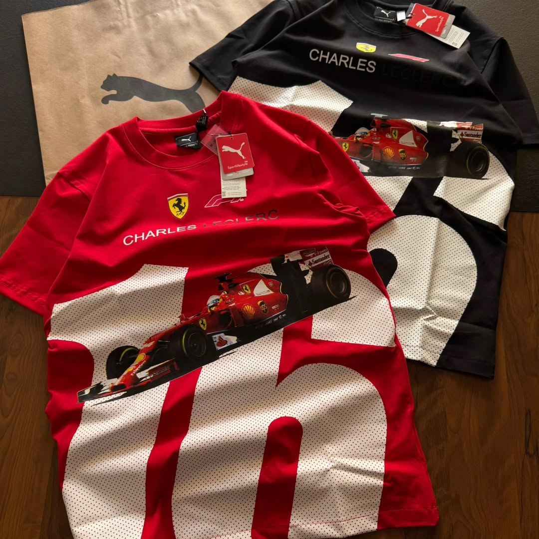 PUMA Scuderia Ferrari Charles Leclerc driver T-shirts available in various colors like red, white, yellow, black, and orange (pack of 3)
